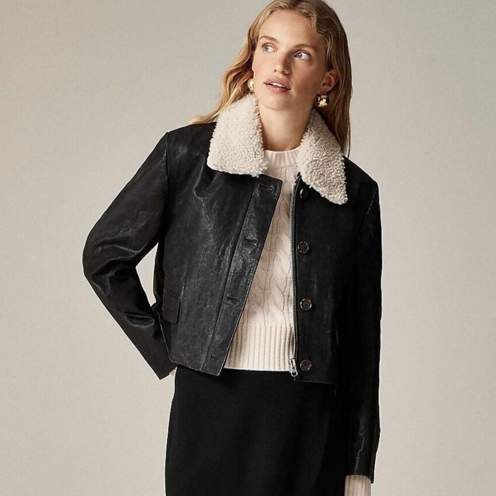 J. Crew Collection Lamb Leather  Cropped Car Coat Sherpa Collar Size S NWOT